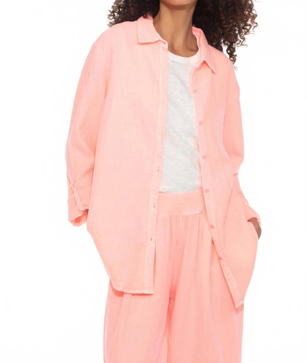 NEW HELLO NITE long sleeve cotton gauze top in coral passion